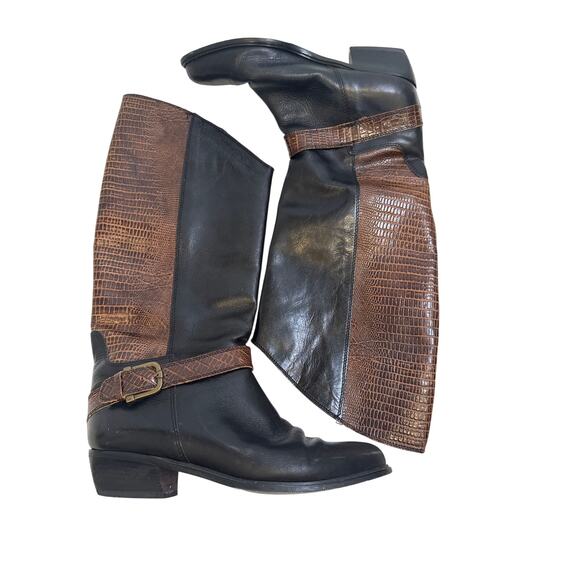 Bandolino Shoes - Bandolino Italian Mid Calf Leather Brown Black Boots Belt Reptile Texture Sz 8